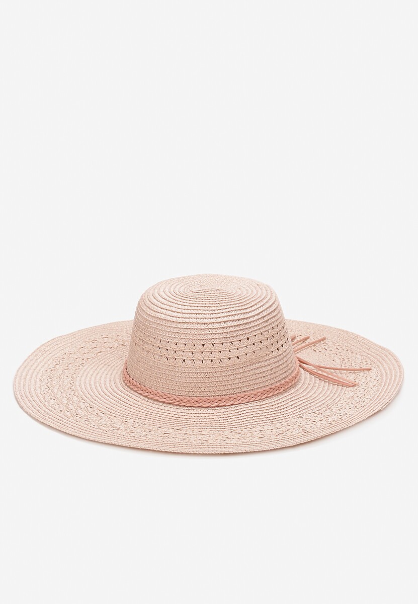 Różowy Szeroki Kapelusz z Plecionki z Dodatkowymi Rzemykami Dorinemia