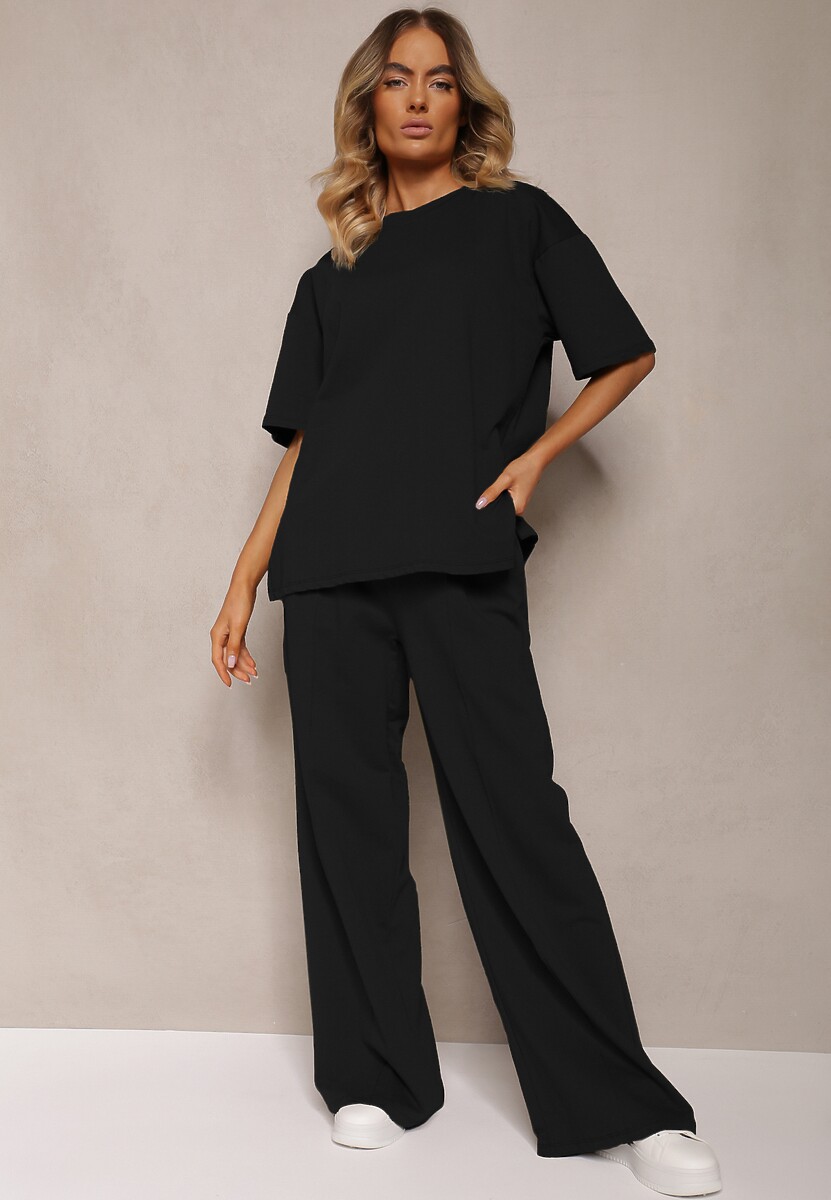 Czarny Komplet z Bawełny Proste Szerokie Spodnie z Gumką w Pasie Bluzka z Rozcięciami Vimarases