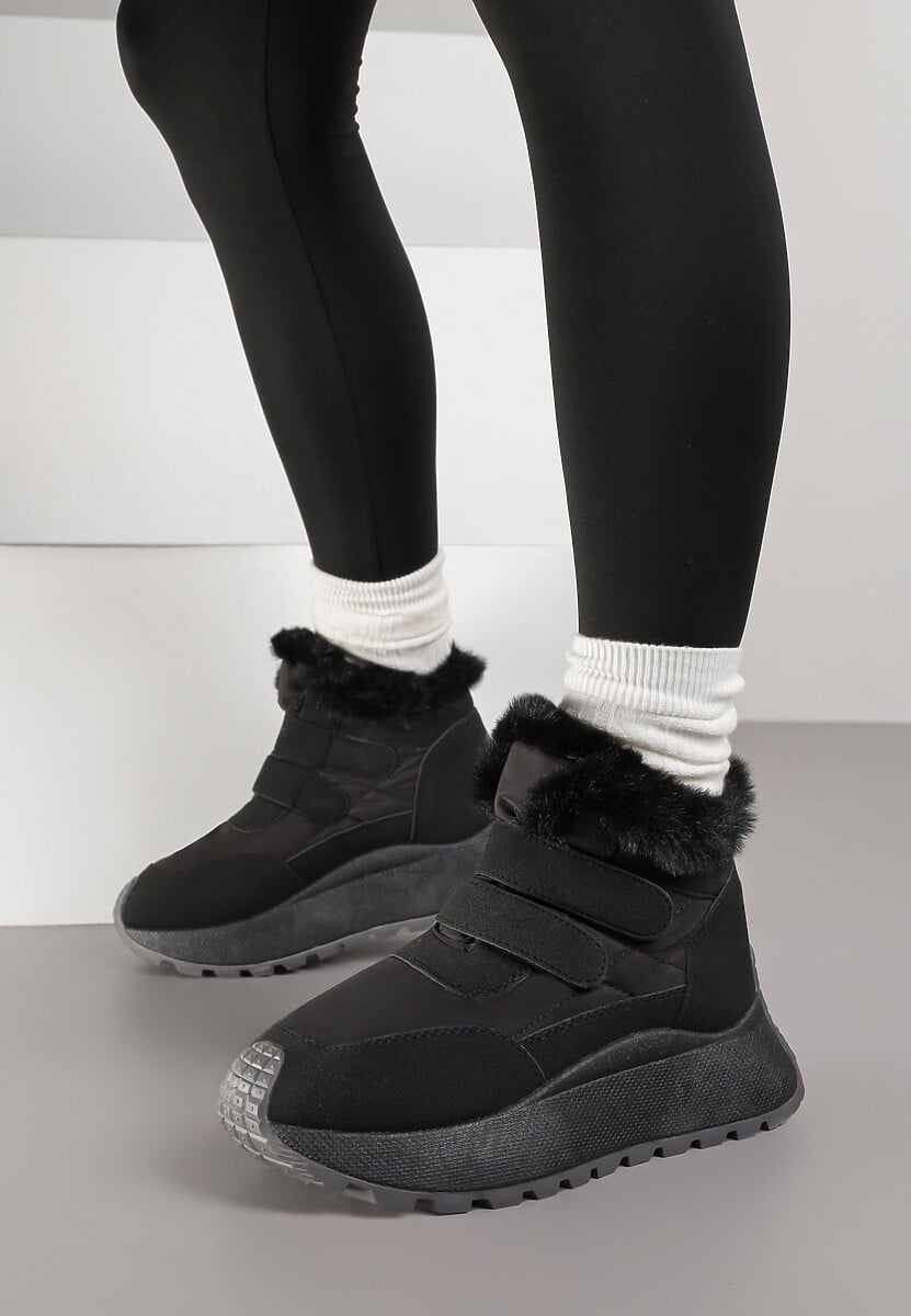 Czarne Sneakersy Śniegowce Vices z Futerkiem na Platformie Zapinane na Rzep Nelosena