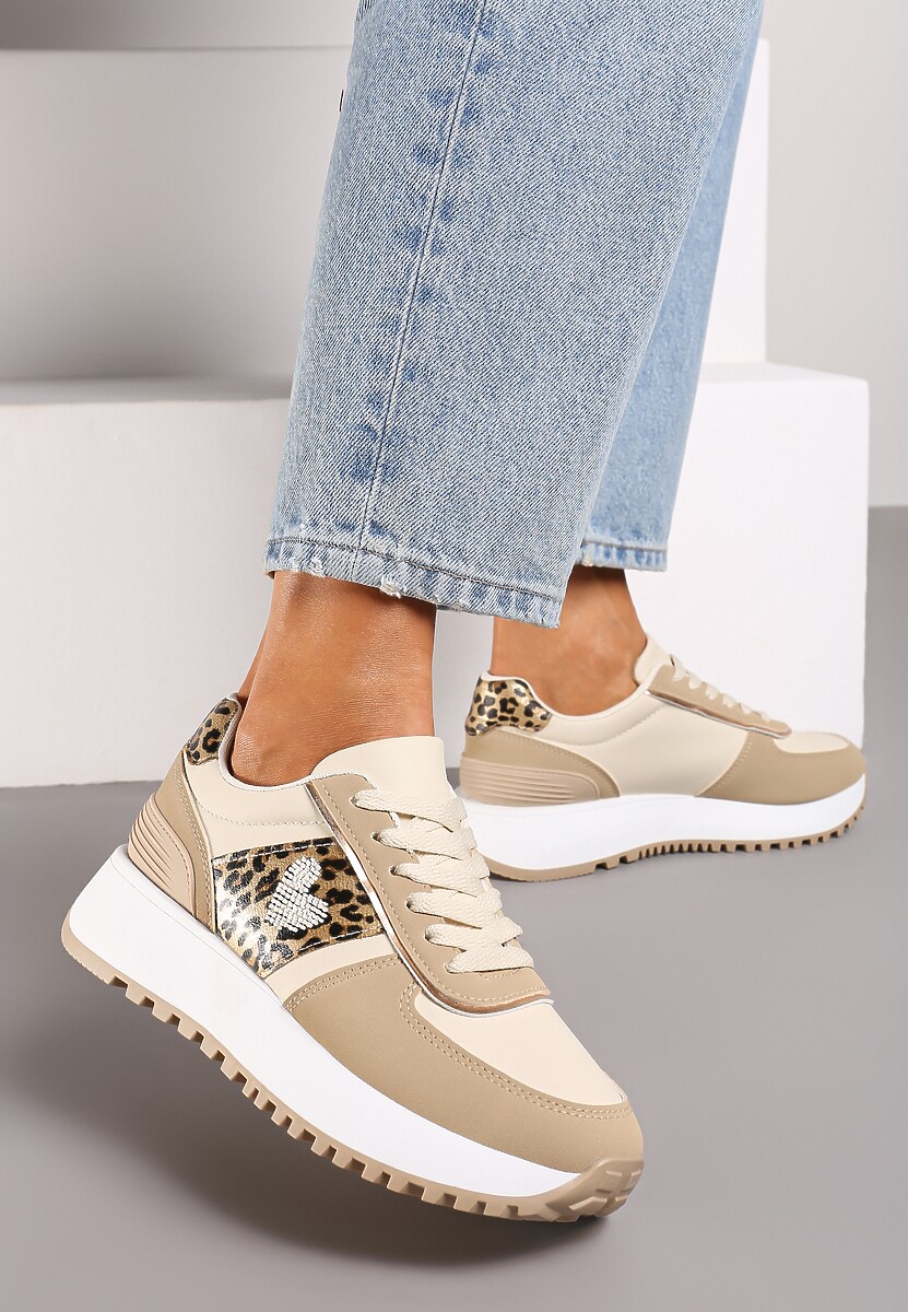 Beżowo-Różowe Sneakersy z Naszywką Serduszka i Piankową Platformą Timera