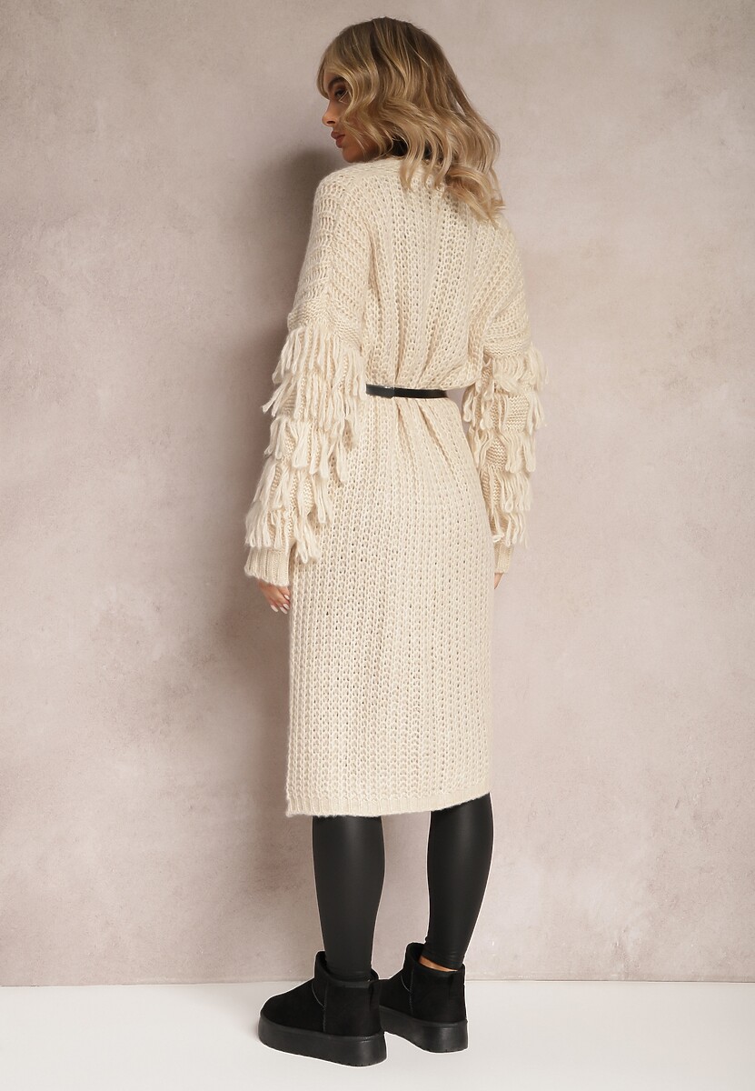 Jasnobeżowy Długi Kardigan Dzianinowy z Ozdobnymi Frędzlami i Paskiem Mesfin