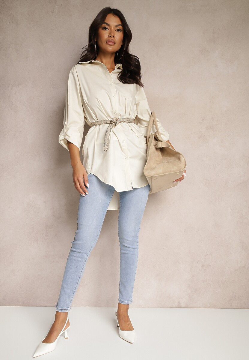 Beżowa Bawełniana Długa Koszula z Regulacją przy Rękawach Dorivelle