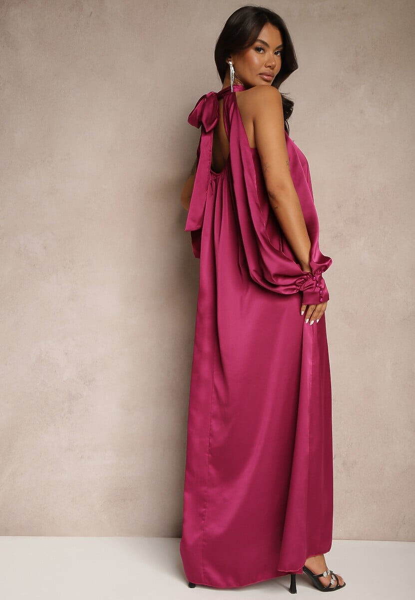 Fioletowa Koktajlowa Satynowa Sukienka z Odkrytymi Ramionami Tirreti