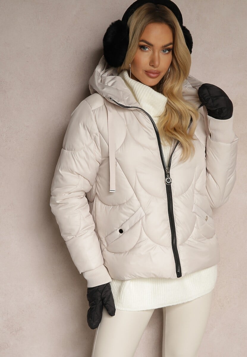 Jasnobeżowa Pudełkowa Kurtka z Pikowanymi Przeszyciami i Kapturem Semirielle