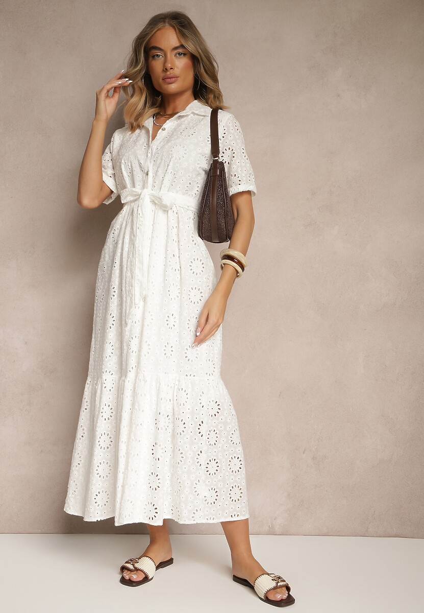 Biała Koszulowa Sukienka z Bawełny z Wiązanym Paskiem i Haftowanymi Zdobieniami Efronelle