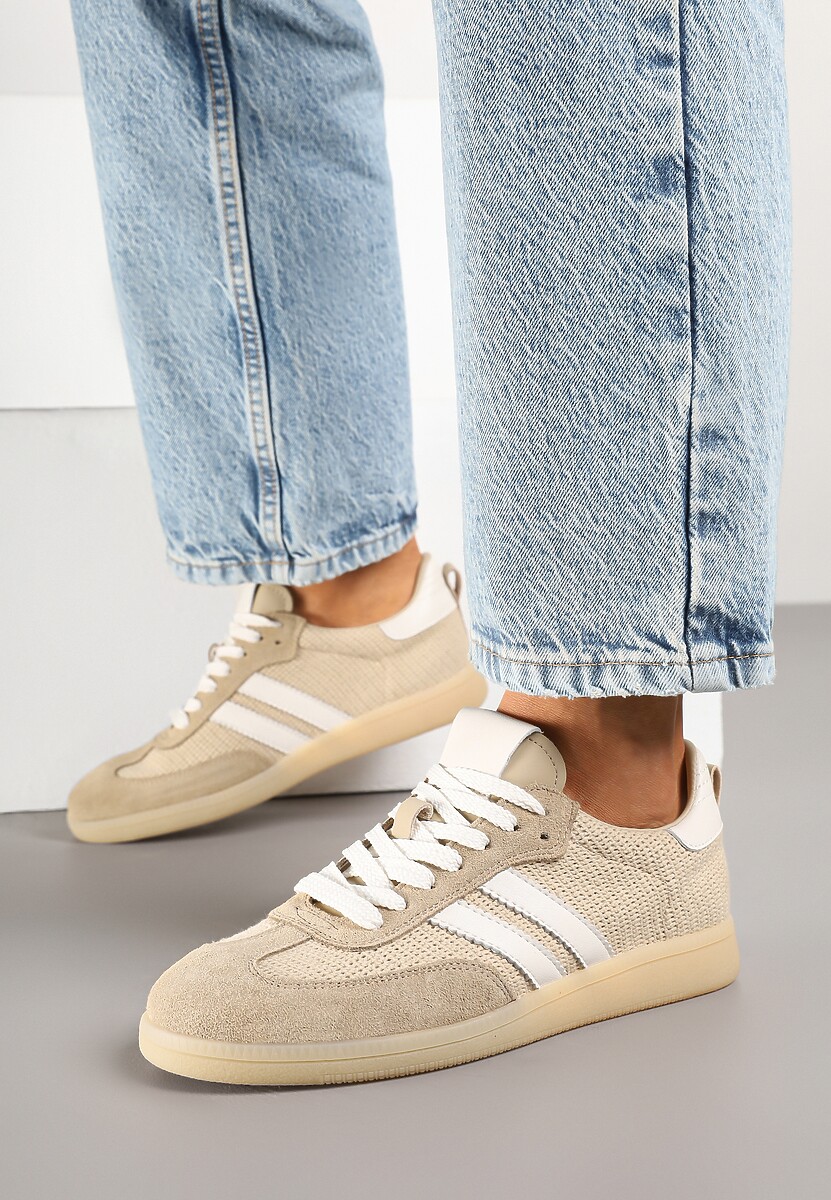 Beżowe Sneakersy Skórzane z Ozdobnymi Paskami Naniella
