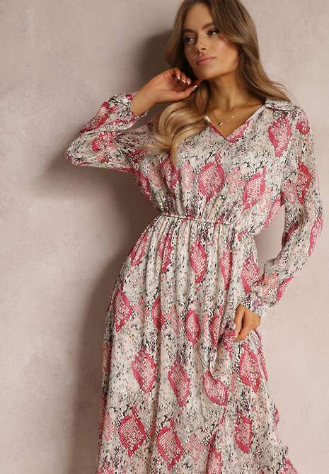 Beżowo-Bordowa Rozkloszowana Sukienka z Błyszczącą Nitką i Sznurkiem Fornid