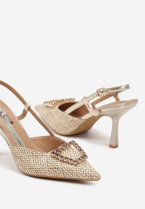 Beżowo-Złote Szpilki z Odkrytą Piętą Plecioną Cholewką i Metaliczną Ozdobą Neltina