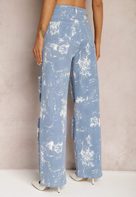 Niebieskie Jeansy Cargo z Szerokimi Kieszeniami i Efektem Sprania Xallia