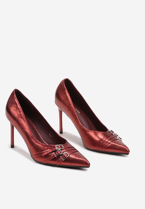 Bordowe Klasyczne Szpilki z Noskiem w Szpic Ozdobionym Klamerkami i Paseczkami Railanne