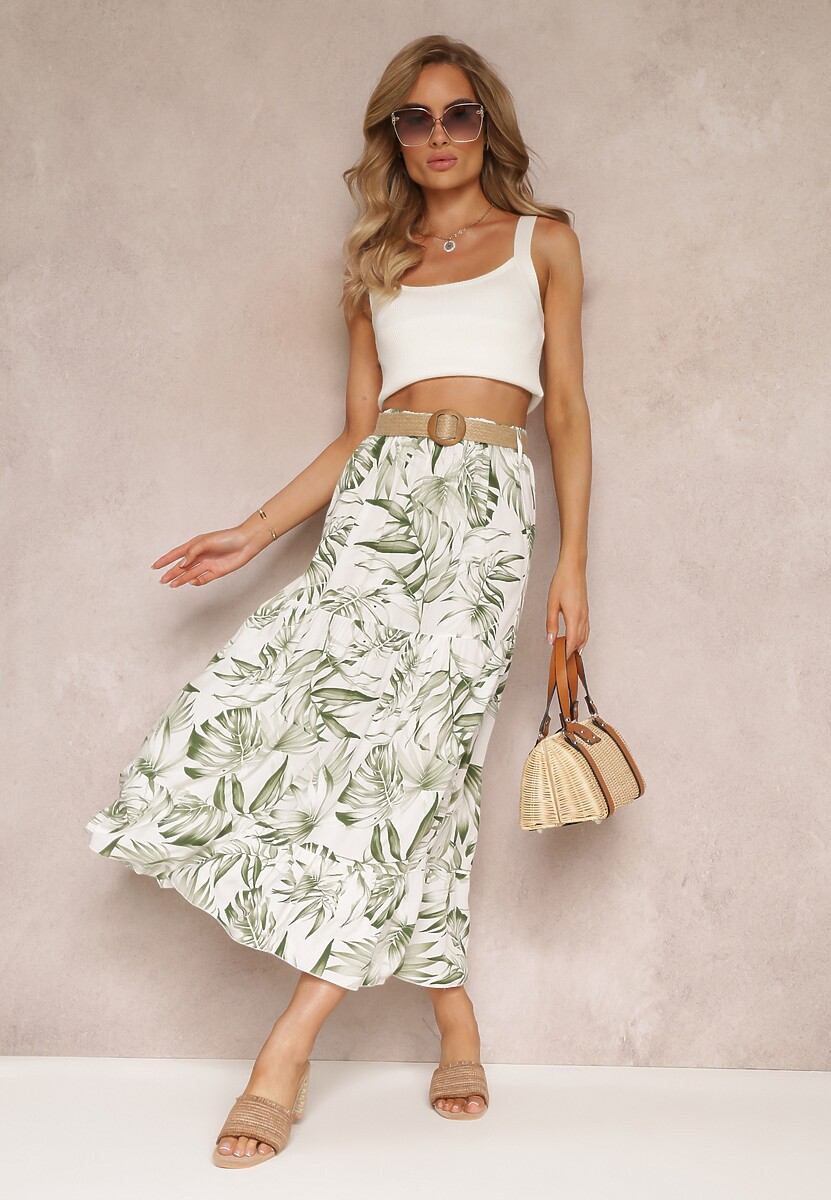 Biało-Zielona Spódnica Maxi z Wiskozy z Gumką w Talii i Plecionym Paskiem Favemi