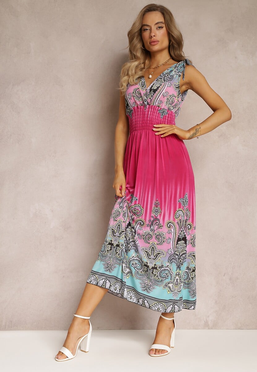 Ciemnoróżowa Rozkloszowana Sukienka z Gumką w Talii i Sznurkami na Ramiączkach Railia