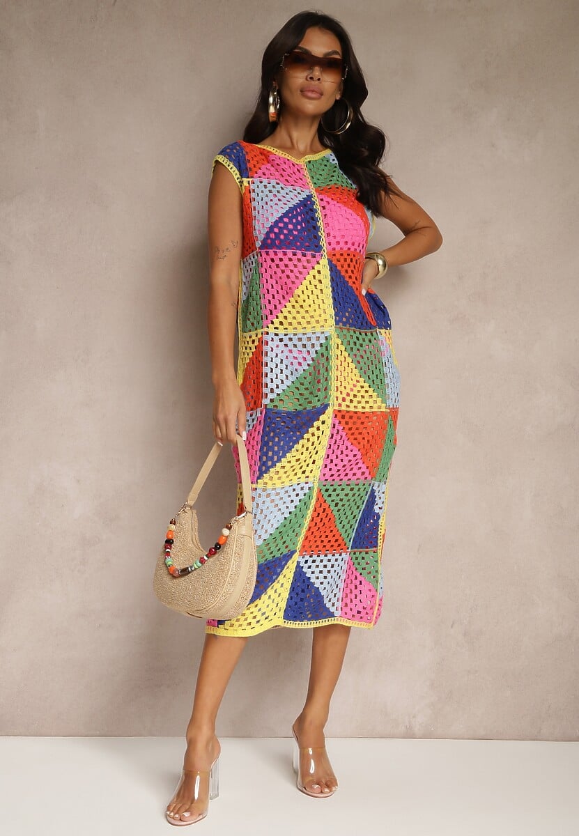 Różowo-Żółta Pudełkowa Ażurowa Sukienka z Bawełny w Geometryczny Wzór Tilianela