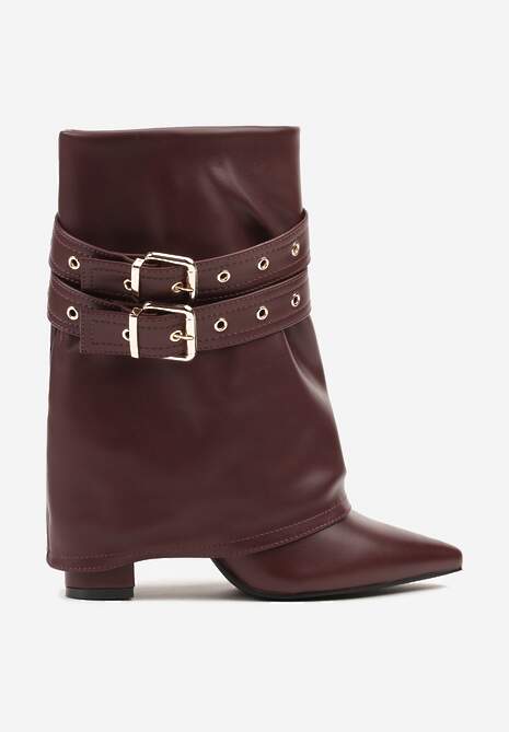 Bordowe Botki Kowbojki na Słupku Ozdobione Klamrami i Wywiniętą Cholewką Codvire