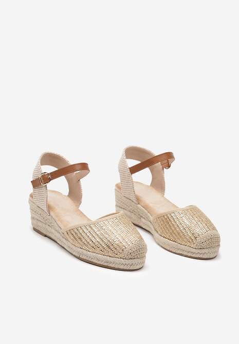 Złote Sandały Espadryle Udekorowane Plecionką na Koturnie i Nosku Suniva