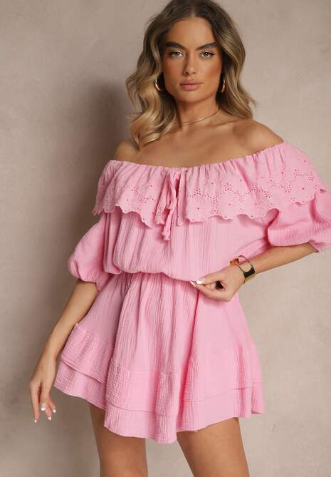 Różowa Sukienka z Bawełny Ozdobiona Ażurową Falbaną Ranisse