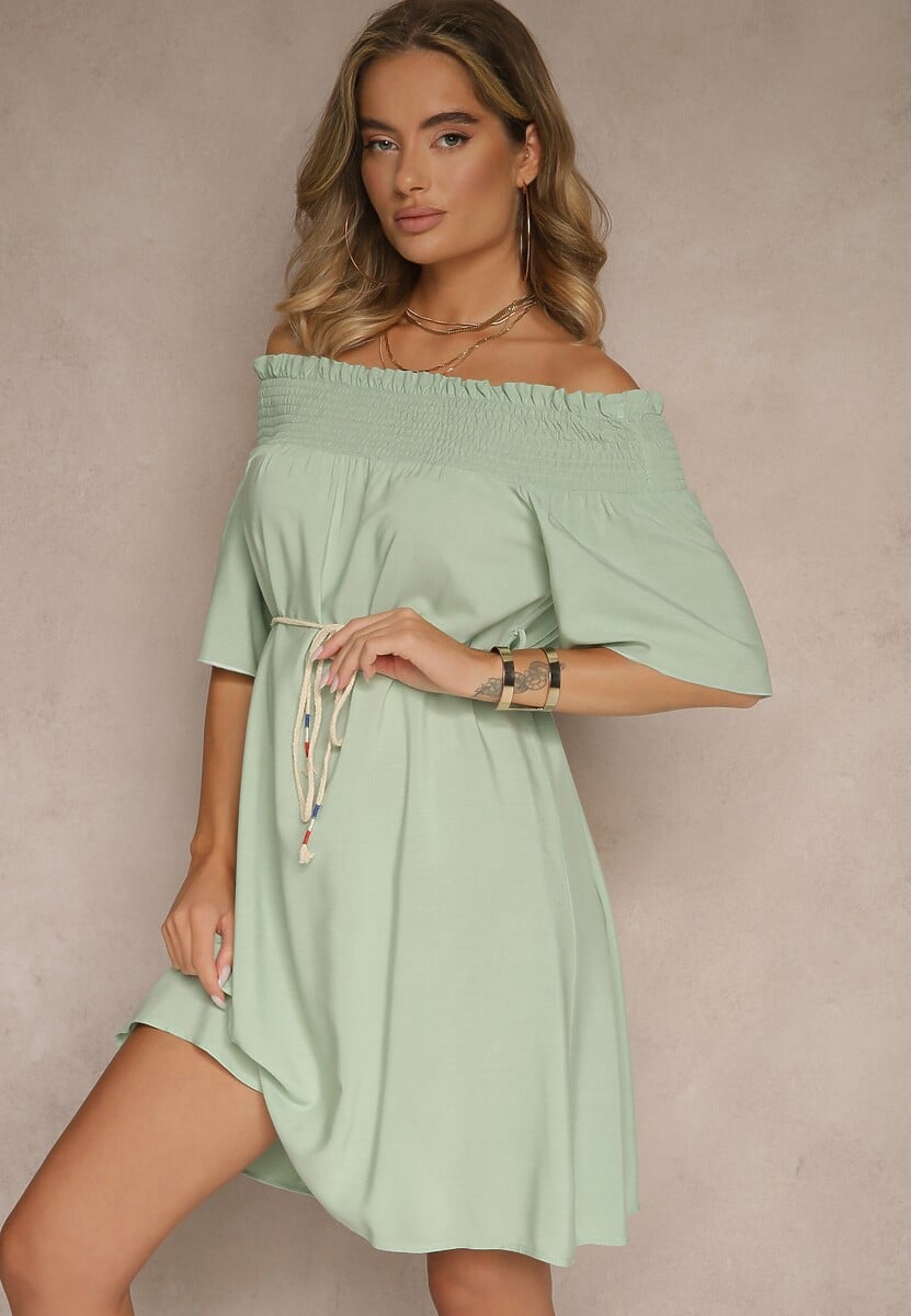 Zielona Sukienka Hiszpanka z Bawełną i Wiskozą Ozdobiona Sznurkiem Lilarelle