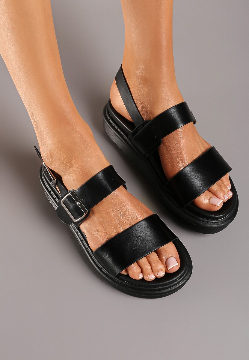 Czarne Płaskie Sandały z Ekoskóry Zapinane na Sprzączkę Ilolla