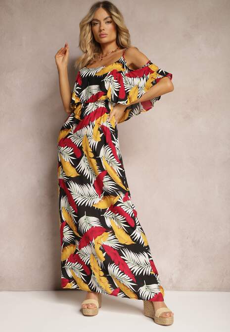 Czarno-Żółta Sukienka z Regulowanymi Ramiączkami i Falbanką przy Dekolcie z Gumką w Pasie Starra