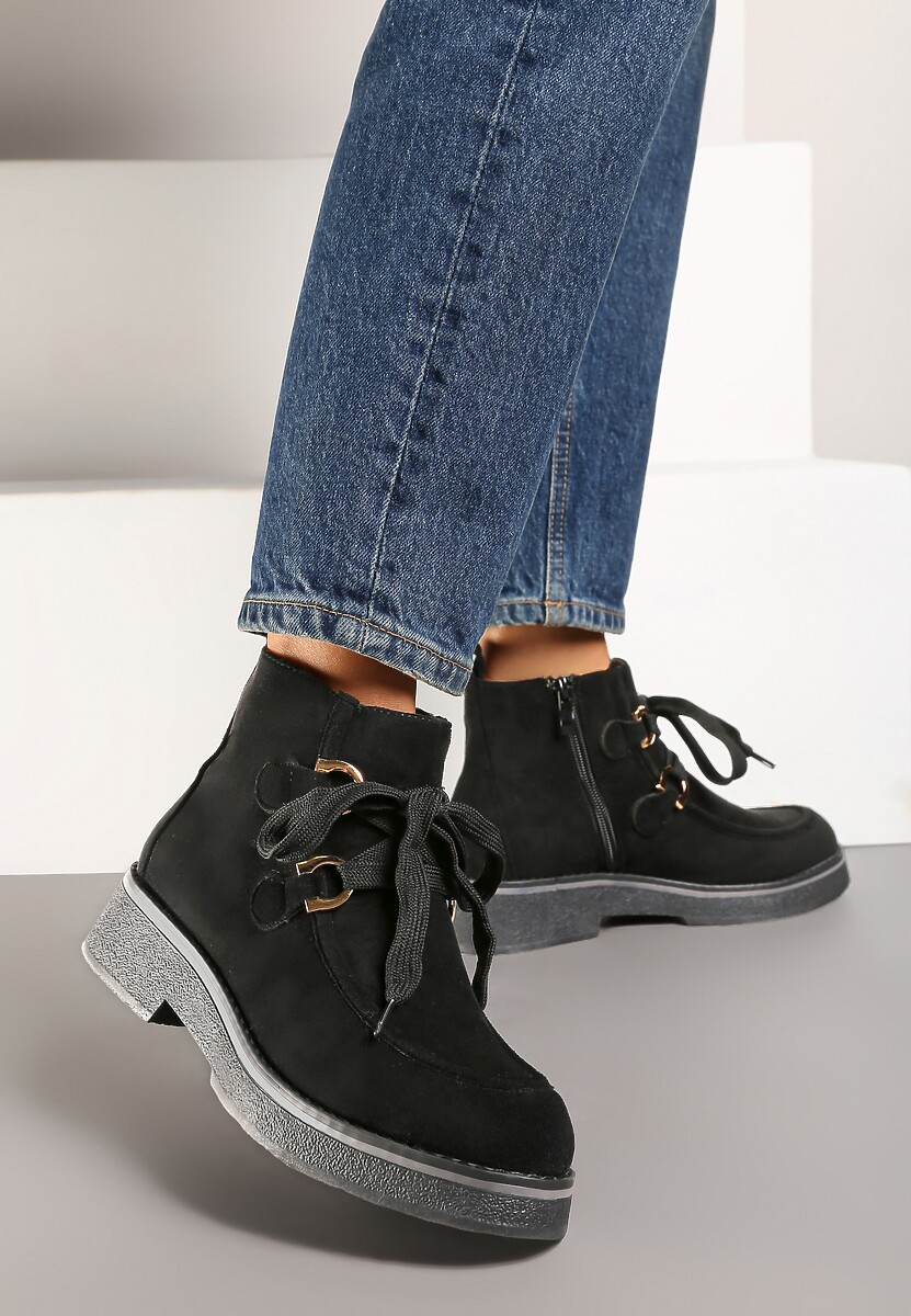 Czarne Ocieplane Płaskie Botki Ozdobione Sznurowaniem Resivara
