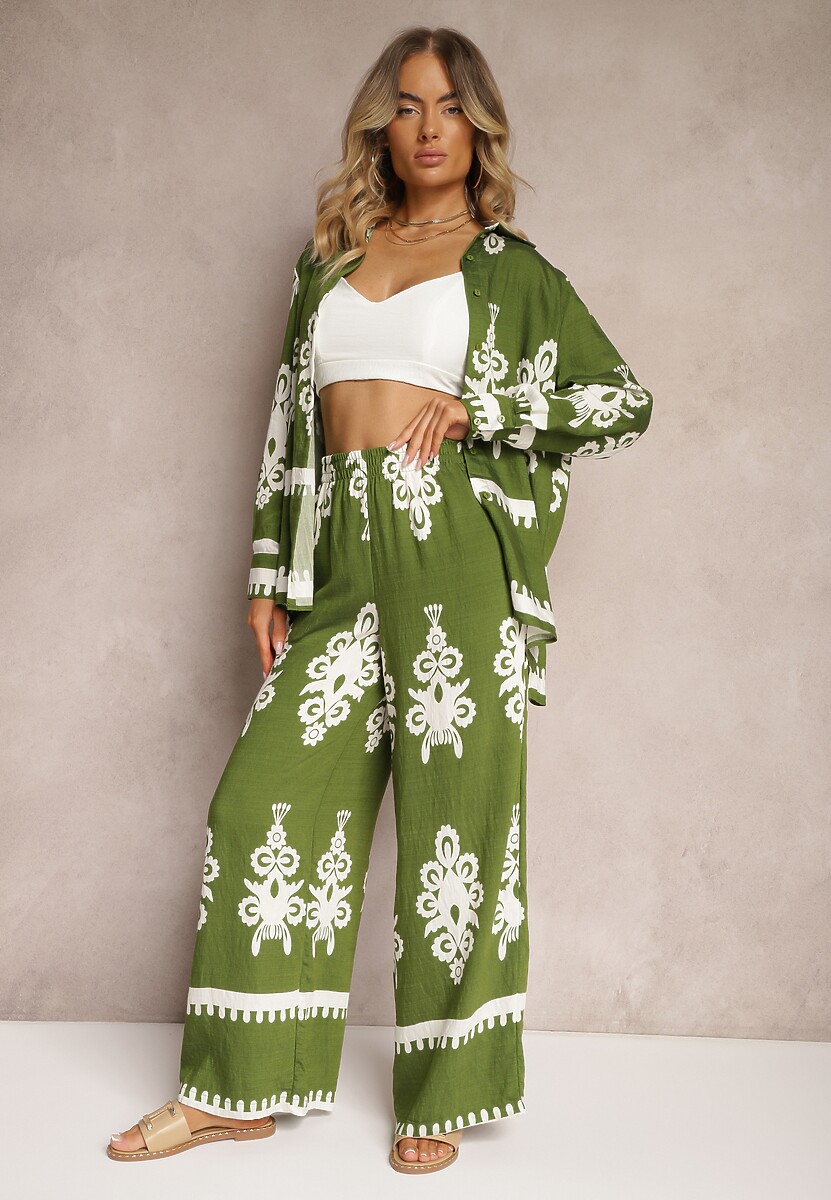 Zielony Wiskozowy Komplet w Kwiaty Szerokie Spodnie z Gumką w Pasie i Koszula Fawnla