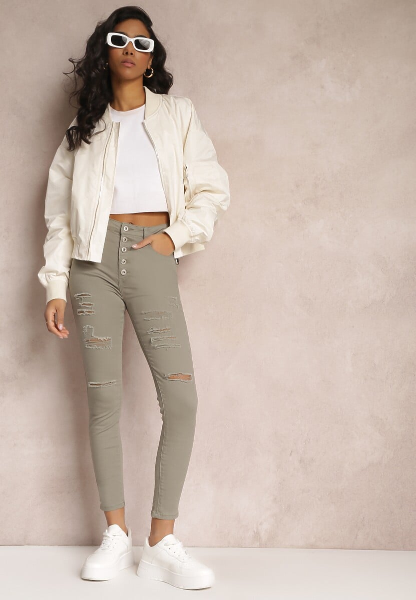 Ciemnobeżowe Jeansy Skinny z Wysokim Stanem Yholo