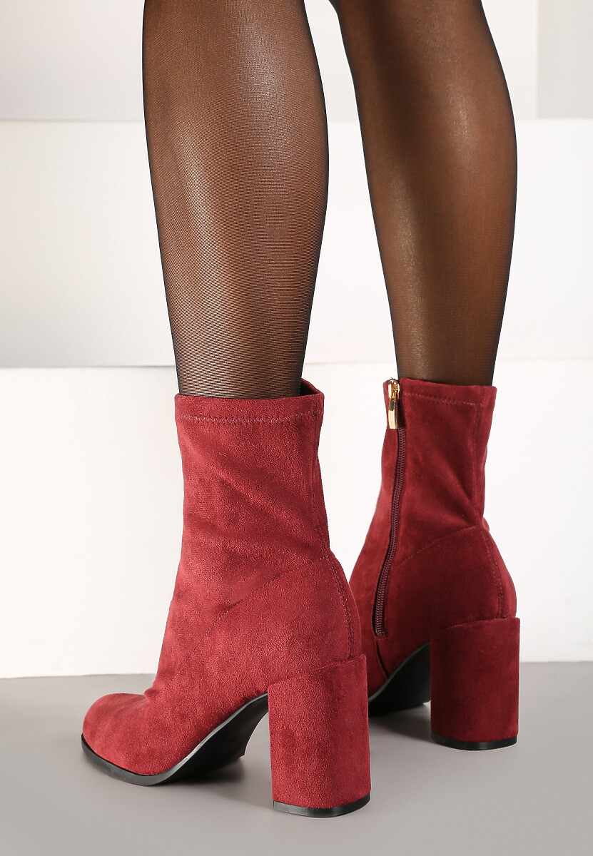 Bordowe Botki Vices z Imitacji Zamszu na Słupku z Cholewką za Kostkę Innaliria