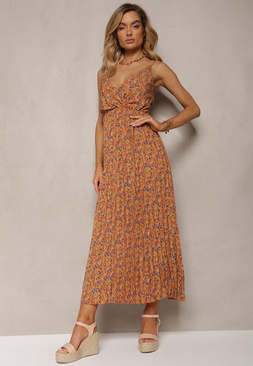 Jasnobeżowa Sukienka na Ramiączkach z Kopertowym Dekoltem z Plisowaniem i Letnim Wzorem Rysenna