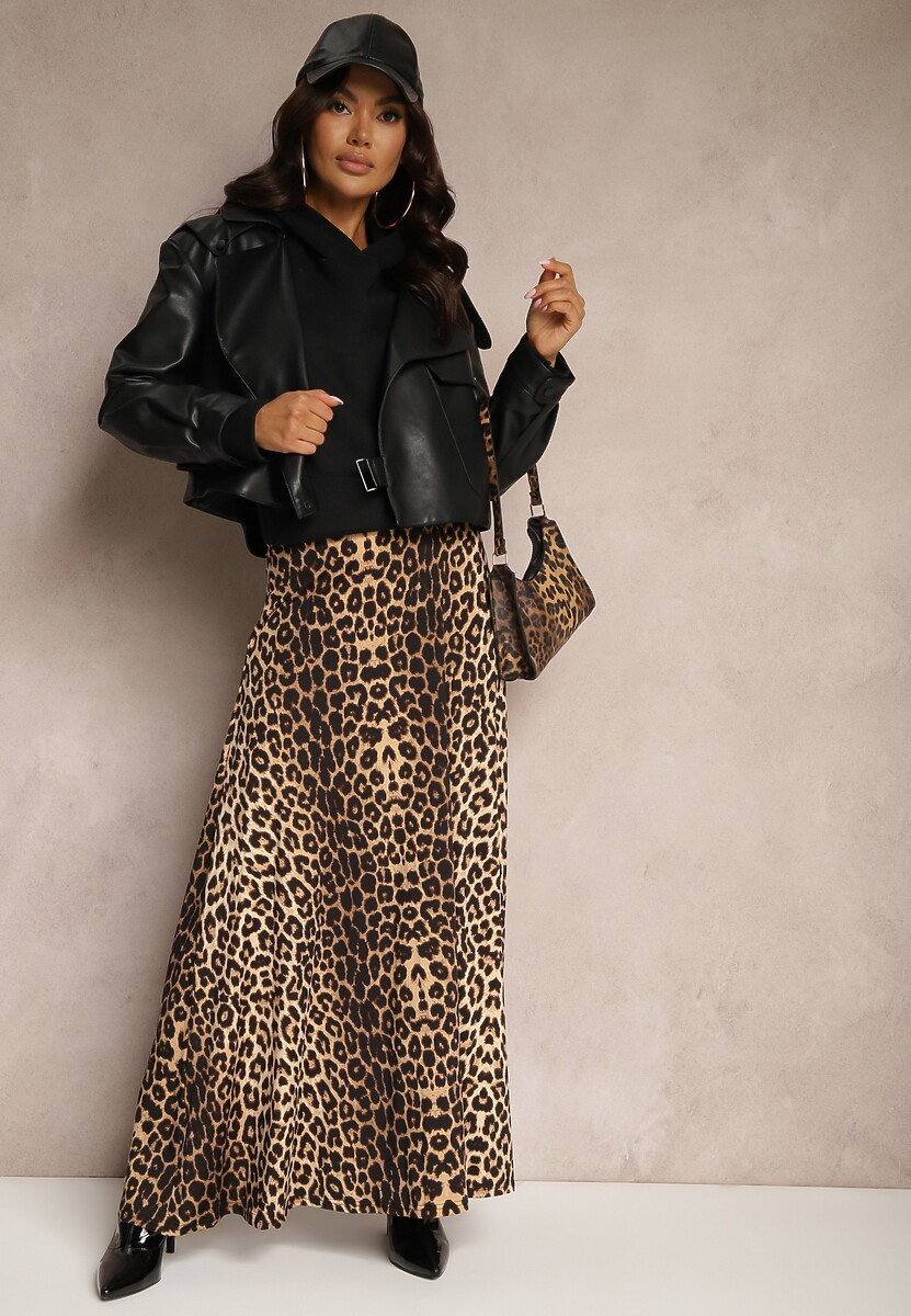 Brązowa Rozkloszowana Spódnica w Panterkę High Waist z Marszczeniem w Pasie Nolisea