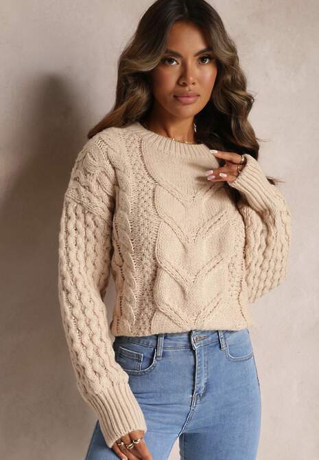 Beżowy Sweter z Wełną i Bawełną w Warkoczykowy Splot Kestina