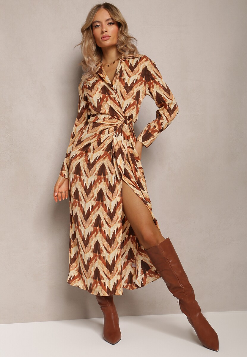 Beżowo-Brązowa Sukienka Kopertowa w Geometryczny Wzór Elavelle