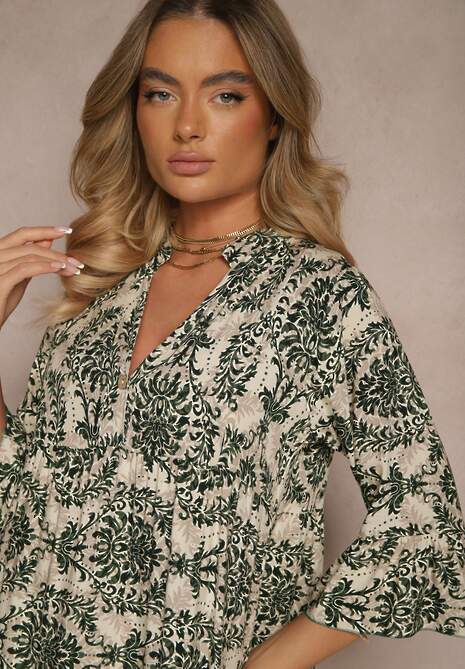 Ciemnozielona Bawełniana Sukienka o Rozkloszowanym Kroju w Ornamentalny Print Laniwea