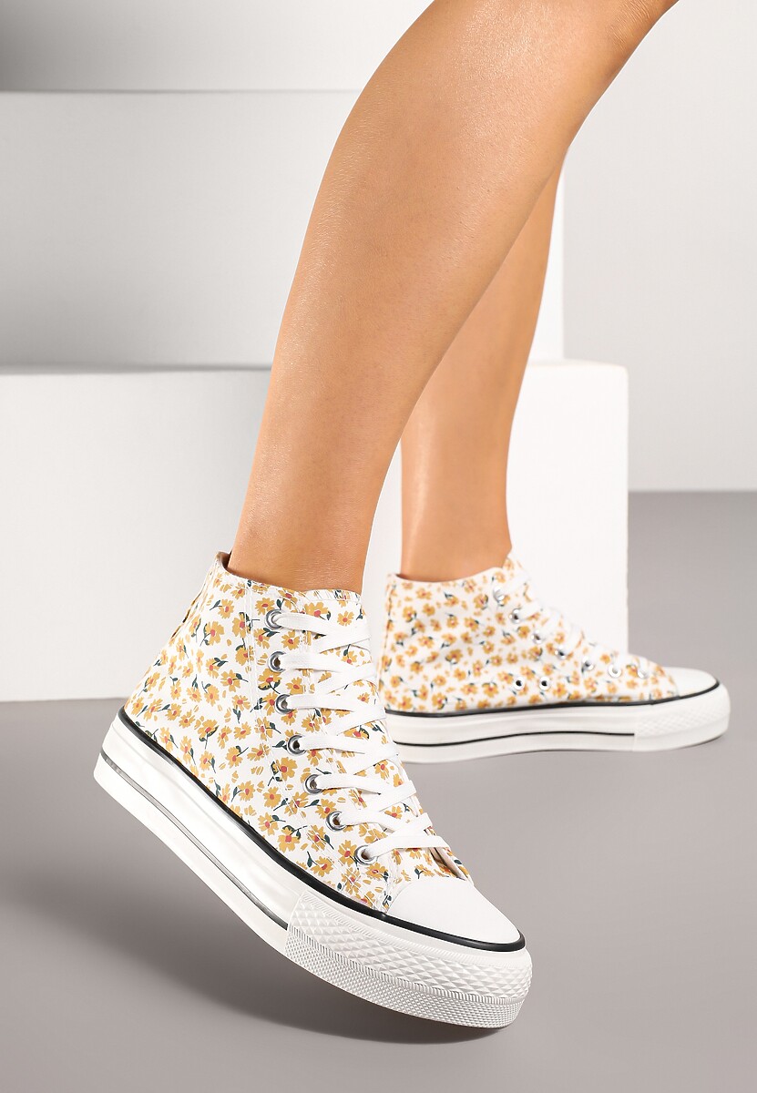 Żółte Trampki z Wysoką Cholewką Zdobione Kwiatowym Printem Folellia
