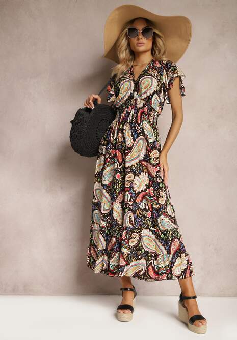 Czarna Letnia Sukienka z Bawełny z Wzorem Paisley i Elastyczną Gumką w Pasie Thetissa