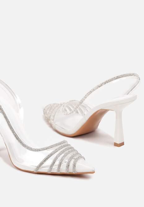 Białe Transparentne Sandały na Obcasie ze Szpiczastym Noskiem i Cyrkoniami Felissin