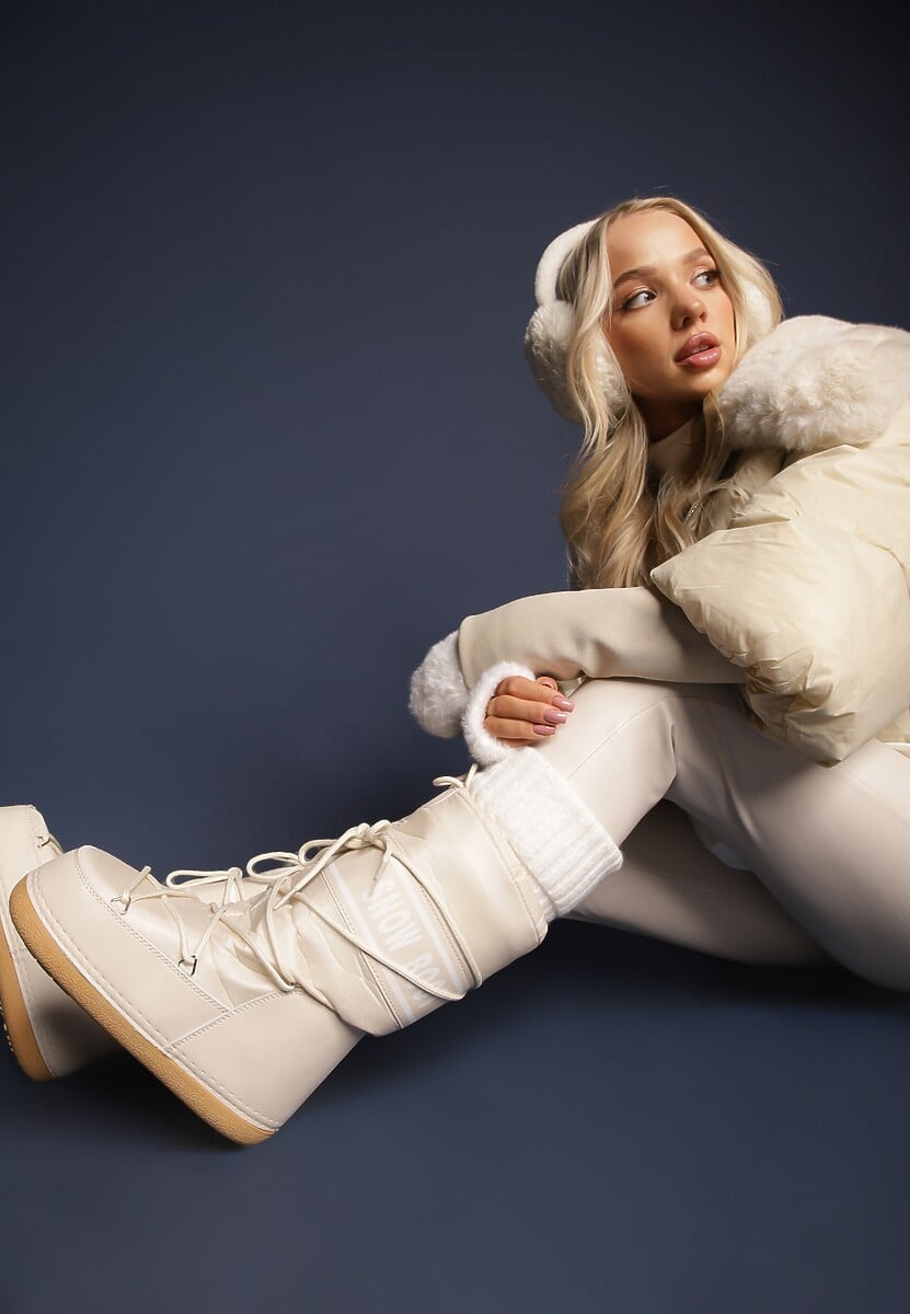 Beżowe Wsuwane Śniegowce na Platformie z Długą Cholewką Hearna