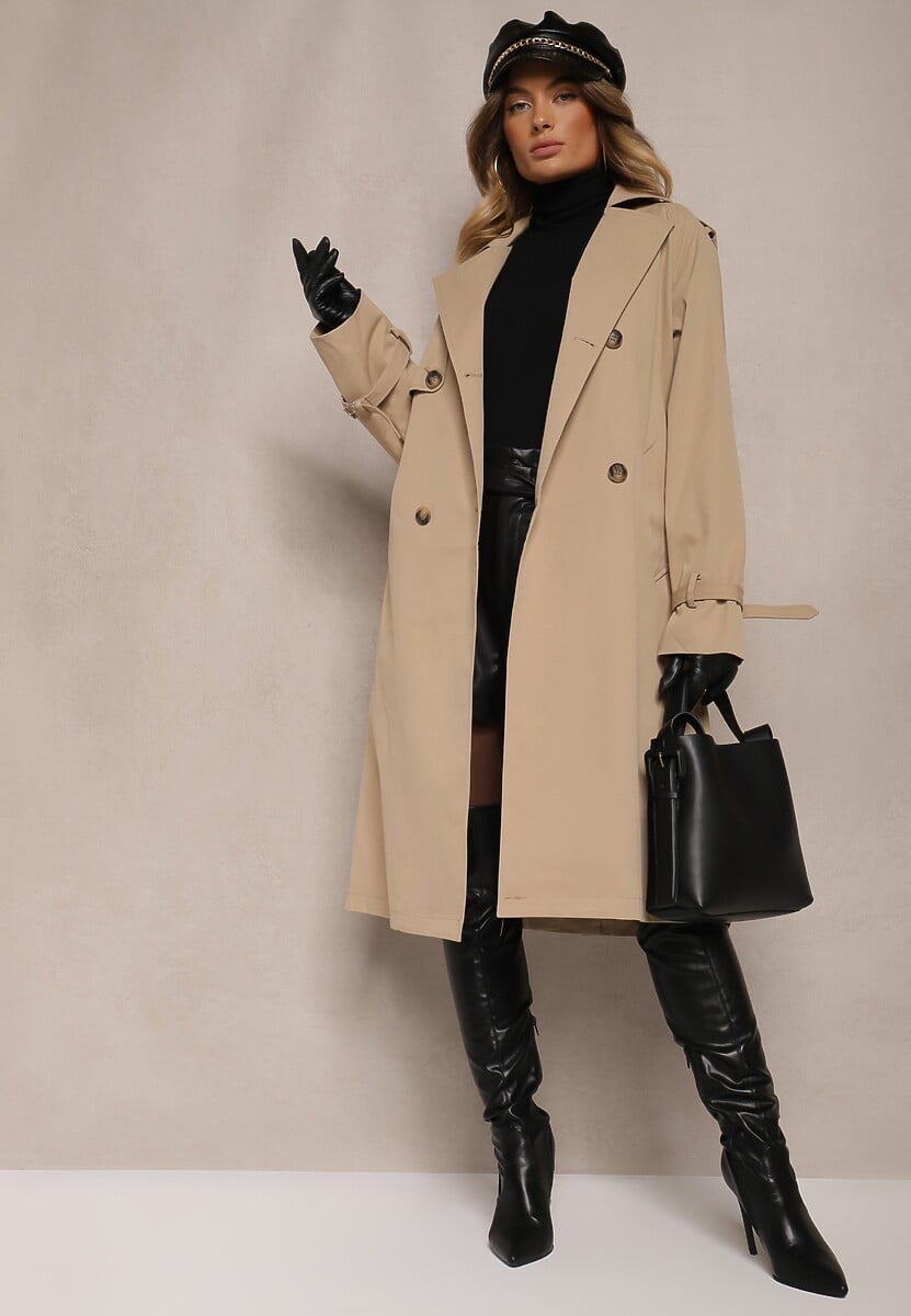 Ciemnobeżowy Dwurzędowy Płaszcz Typu Trencz z Pagonami i Paskiem w Talii Malwizia