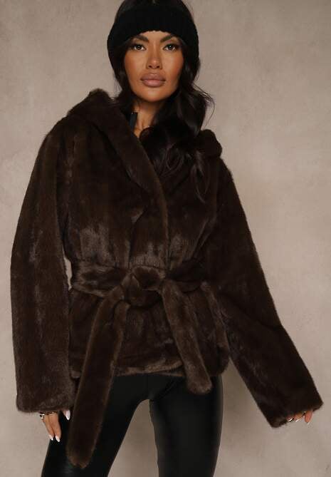 Brązowa Futerkowa Kurtka z Kapturem i Wiązanym Paskiem Zetele