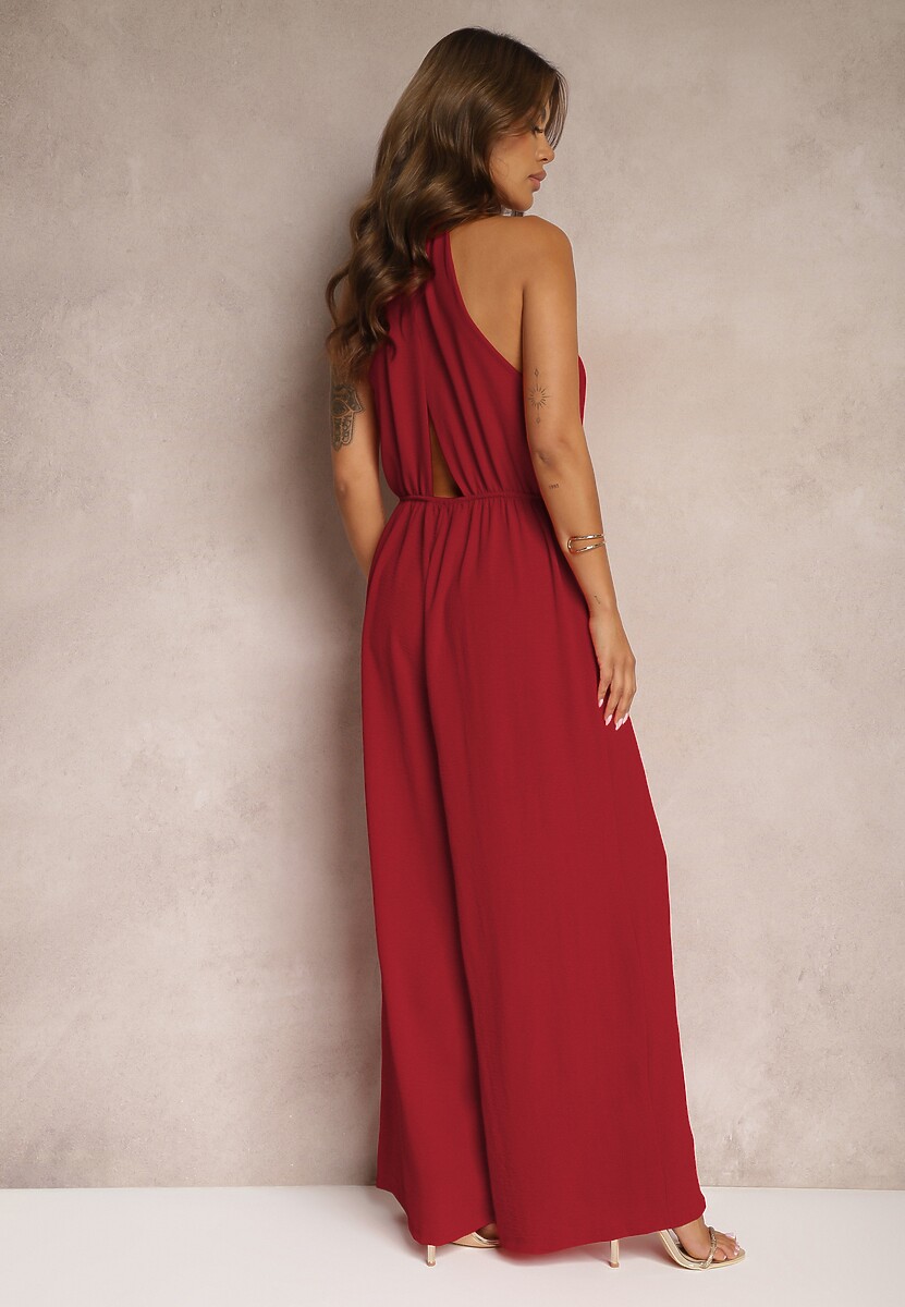 Bordowy Taliowany Kombinezon ze Ściągaczem w Talii i Wiązaniem przy Szyi Rivasiris