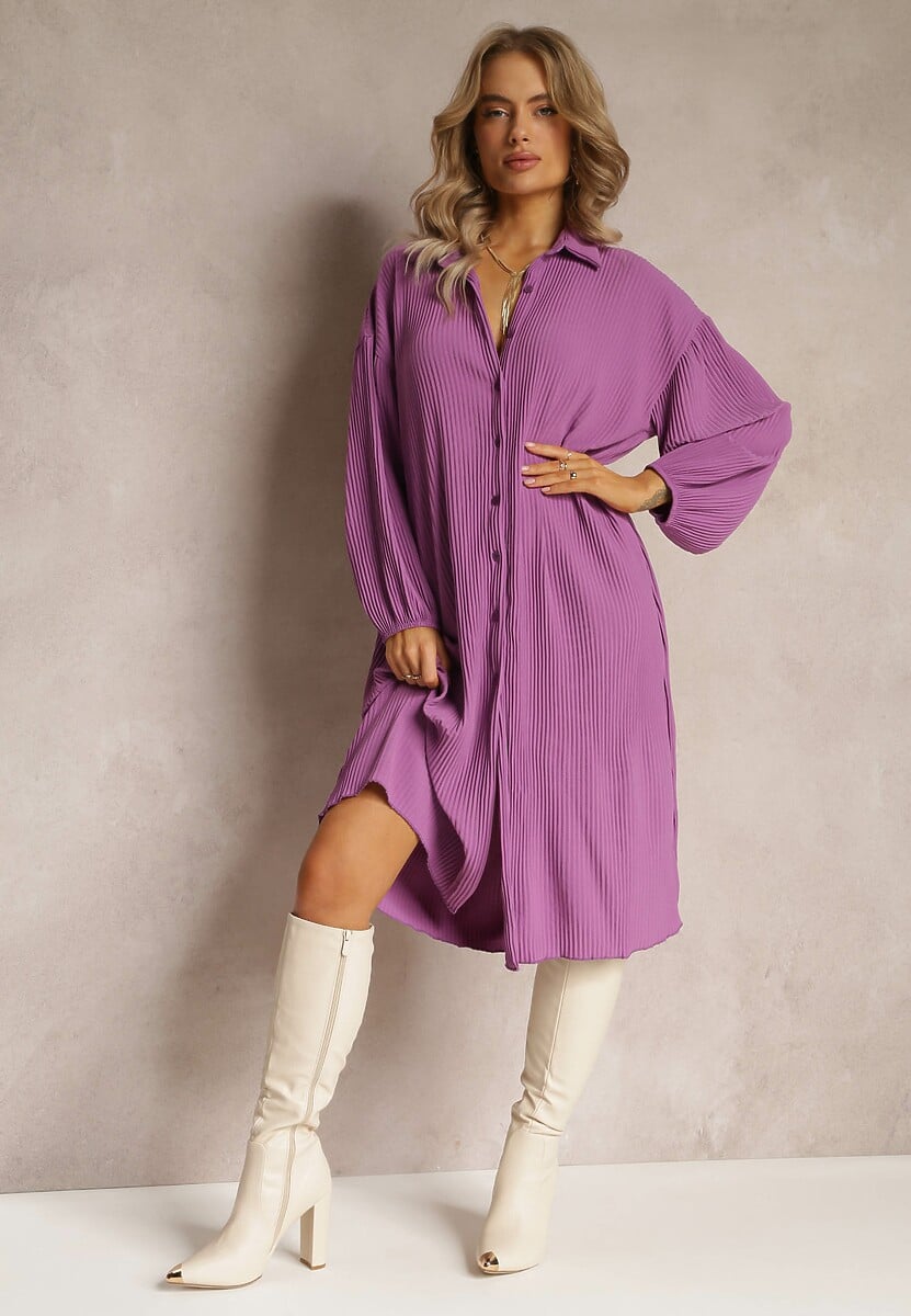 Ciemnozielona Plisowana Sukienka Midi z Kołnierzem i Guzikami Danitza