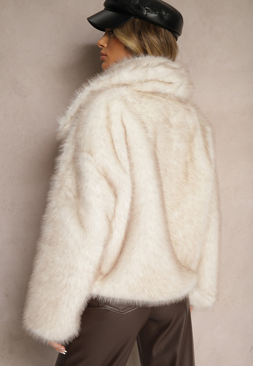 Jasnobeżowa Elegancka Kurtka Futerko z Kołnierzem Vertirida