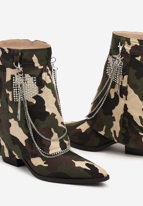 Moro Botki na Obcasie z Cholewką Imitującą Nogawkę z Łańcuszkiem Ecaria