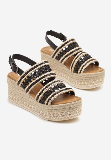 Czarne Sandały na Plecionym Koturnie z Wycięciami i Sprzączką Liaorine