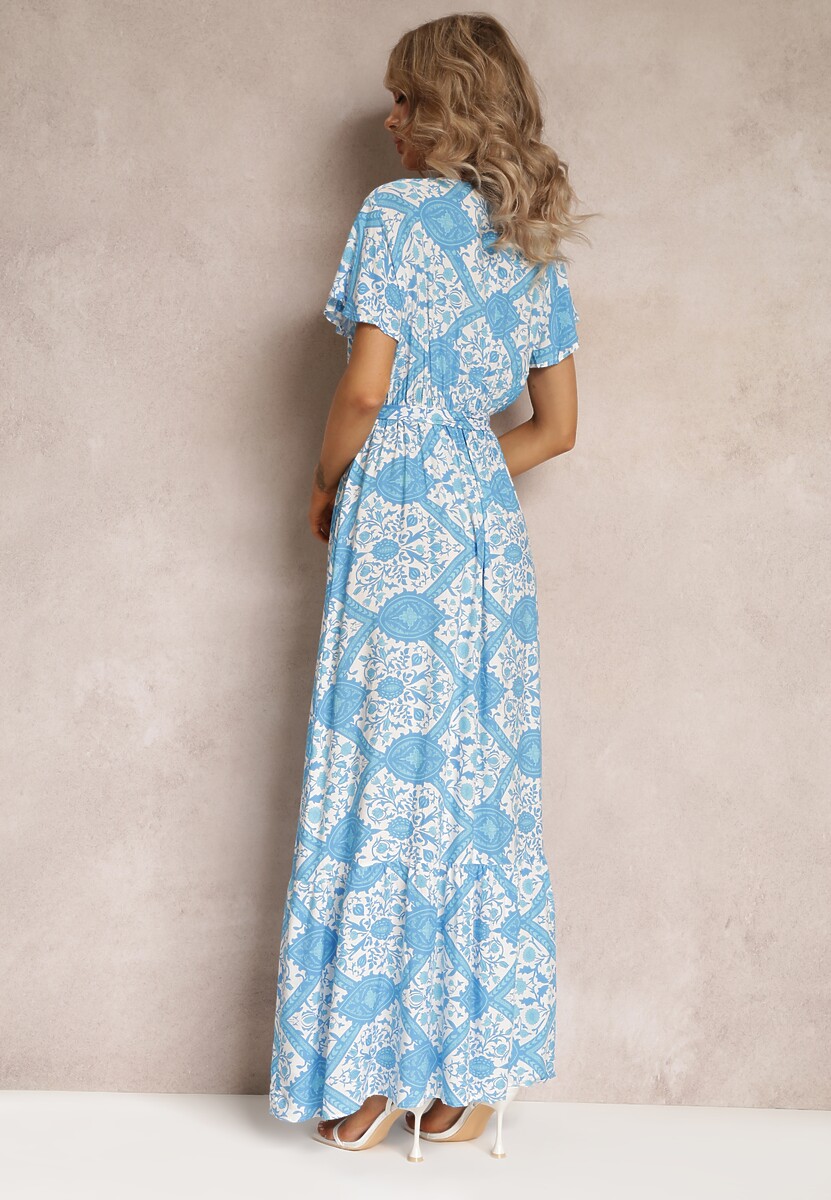 Niebieska Rozkloszowana Sukienka z Kopertowym Dekoltem i Wiązanym Paskiem Brynis