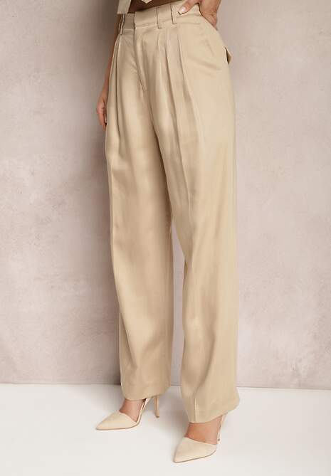 Beżowe Szerokie Spodnie High Waist z Kieszeniami Keanne