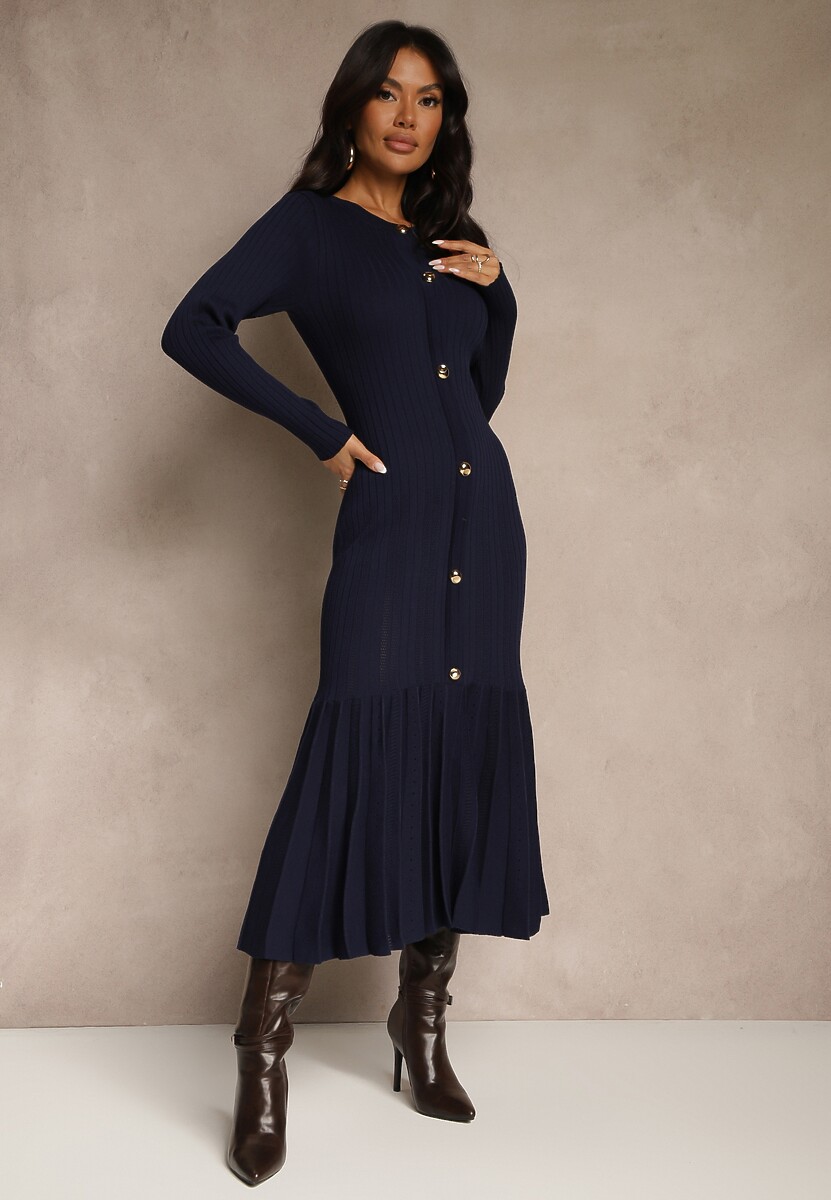 Granatowa Sweterkowa Sukienka z Wiskozą z Rozkloszowanym Dołem i Guzikami Fertilea
