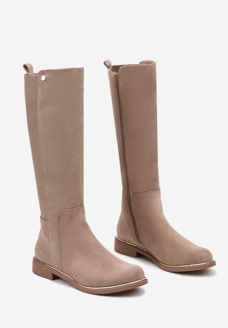 Beżowe Kozaki z Ekozamszu na Płaskiej Podeszwie w Stylu Oficerek z Gumką Ansista