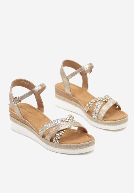 Złote Sandały na Koturnie z Brokatem i Plecionką Mevrissa