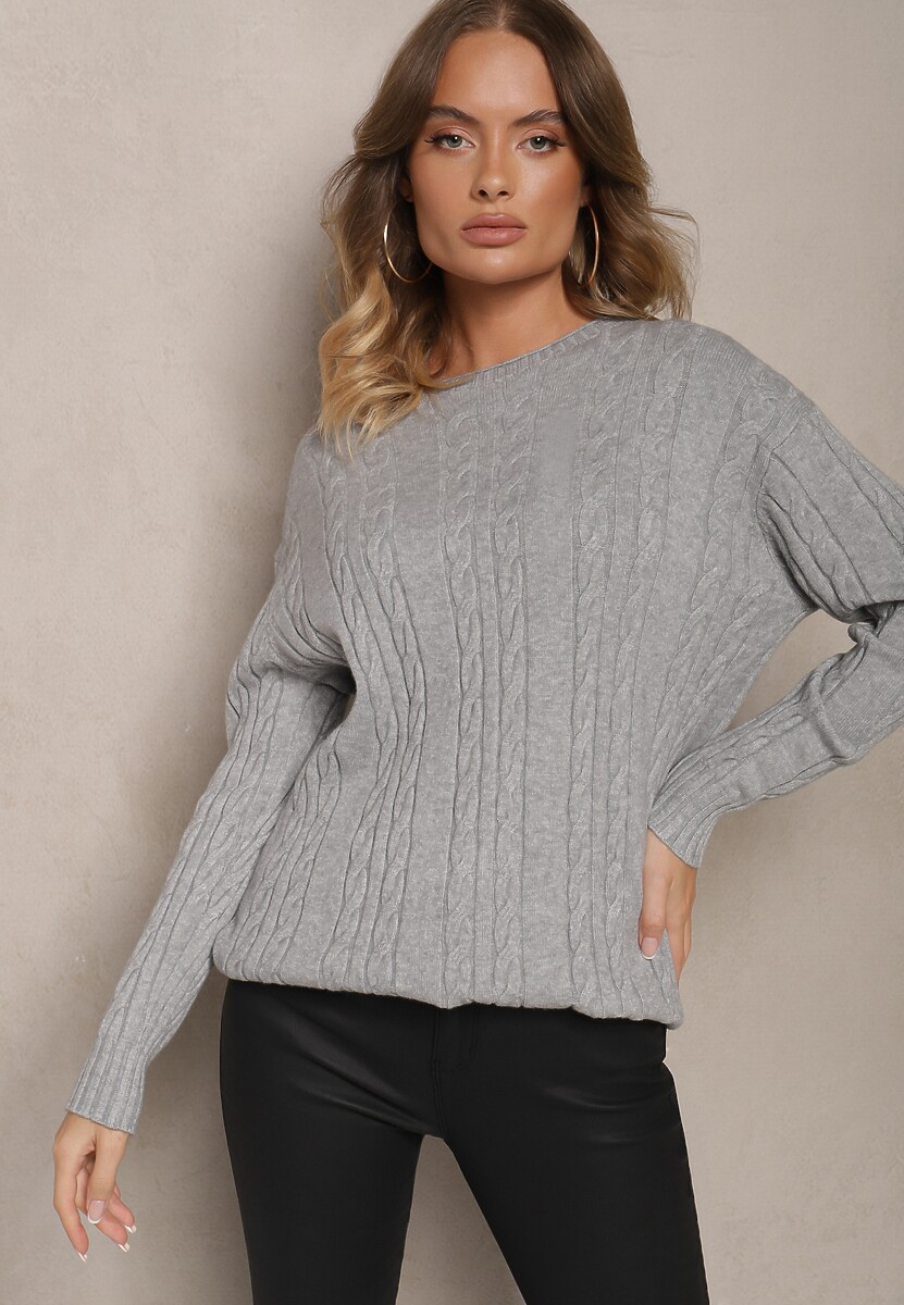 Szary Sweter z Bawełną Wiskozą i Ozdobnym Splotem Viacelia