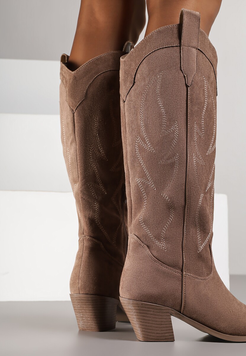 Ciemnobeżowe Haftowane Kozaki Kowbojki na Stożkowym Obcasie Galianna